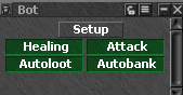 Bot miniwindow with Setup, Healing, Attack, Autoloot and Autobank controls