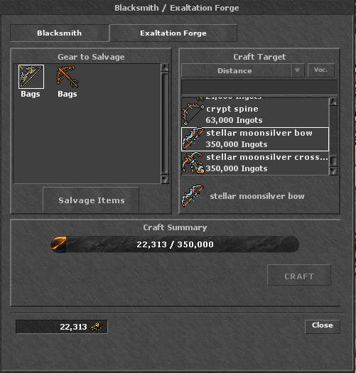 Hojnar Blacksmith interface showing salvage selection, ingots and a crafting target