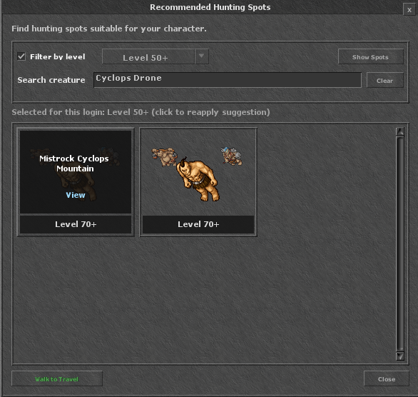 Hojnar Hunting Spots browser showing level filtering and creature search